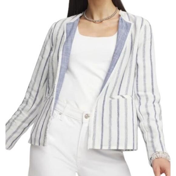 Chico's Size 0 (S/4) Stripe Linen Frayed Open Front Jacket Lined Career Wear - Picture 2 of 12